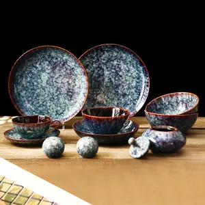 Weiye Japanese Blue Glossy Porcelain Dinnerware Sets Platos Para Restaurant Hotel Ceramic Dining Plate