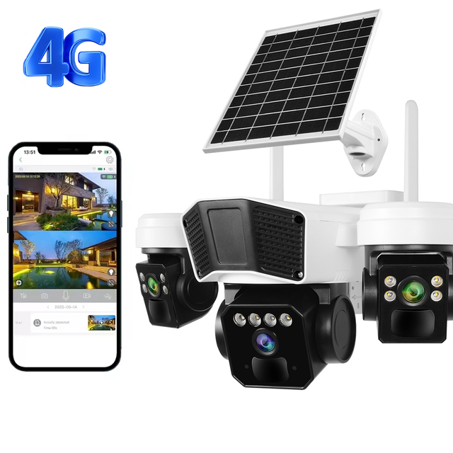 OKAM 9MP Outdoor 3-Lens AOV Solar-Powered 4G PTZ AI Surveillance Camera with Two-Way Audio and Cloud Storage