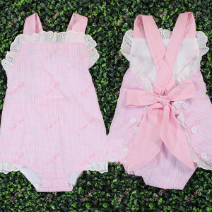 ชุดเด็กผู้หญิงปักลายผ้ากิ๊งแฮมส์สีชมพูคลาสสิกสำหรับฤดูร้อน ชุดรอมเปอร์ลูกไม้ระบายขอบตาข่ายสำหรับเด็กทารก - Product Image 3