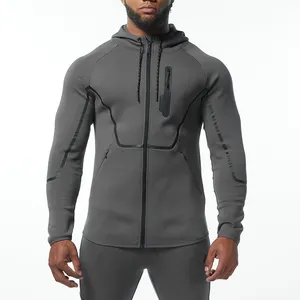 Men Athlete Training Wear Custom Clothing Grey Zip up Drawstrings Hooded Workout Zipper Jacket