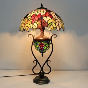 LongHuiJing European 16-Inch Tiffany Style Stained Glass Dome <b>Table</b> <b>Lamp</b> with Leaf Motif AC Powered LED Colored Glass <b>Base</b> - Product Image 1