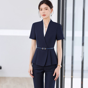 Hotel Uniforms Women Short Sleeve Cream Suit Set With Belt And Flower Brooch For Receptionist Workwear Summer 2025 - Product Image 4