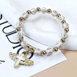 Pulsera de Bautismo Católico Nicro con Cuentas de Plástico de 8 mm con Patrón de Cruz, <span class=keywords><strong>Rosario</strong></span> de Regalo para Oración con Ala de Ángel, Decoración para Fiesta Religiosa - Product Image 5