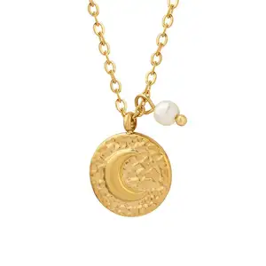 Simple gold ladies tarnish free coin pendant necklace stainless steel pearl moon pendant necklace