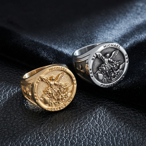 St Michael Archangel Wings Design Geometric <b>Ring</b> <b>Titanium</b> Steel Gold Plated <b>Men's</b> Fashion Jewelry Gift Occasion - Product Image 1