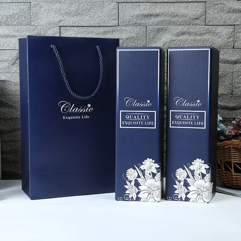 Kunden spezifischer Einzelhandel Luxus blauer Wein Flasche Geschenk Einkaufs papier Aufbewahrung sbox und Verpackungs taschen Set Großhandel