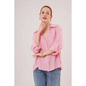 Chemise rose en gros avec manches chauve-souris, détail de poche rayée, tailles XL, style occidental décontracté pour les saisons printemps, été, automne - Product Image 4