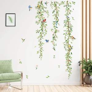 Autocollants <span class=keywords><strong>muraux</strong></span> suspendus <span class=keywords><strong>Decalmile</strong></span> en forme de vigne verte avec des plantes, des feuilles, des oiseaux et un motif de fille tatouée pour la décoration de la chambre à coucher et du fond de télévision - Product Image 2