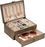 Boîte à bijoux pour femmes, boîte organisatrice de bijoux en bois rustique, rangement multifonctionnel, style ferme, rectangle, artisanale
