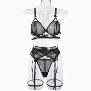 Conjunto de lencería sexy de verano para mujer de alta calidad con lazo, sin aros, de malla transparente y liguero - Product Image 5