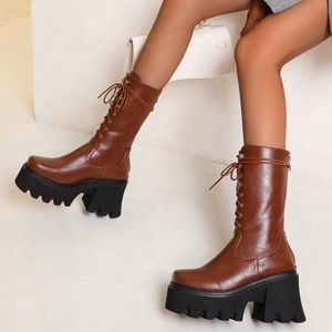 PU Upper Thick Sole Women Boots Back Zipper Combat Short <b>Booties</b> High Heel Comfortable Lace up Half Knee High Boots Shoes - Product Image 3