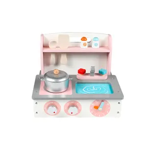 Vendita all'ingrosso lavello della cucina giocattoli della ragazza di 4 anni di età-Mini lavello da cucina pieghevole rosa portatile imposta giocattoli Set da cucina in legno massello composito da cucina in vero legno per Gilrs