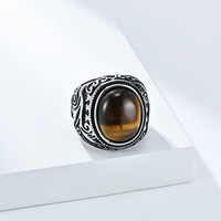 Bijoux de Mode Bagues en Acier Inoxydable pour Hommes, Bague en Acier Titane Gravée avec Œil de Tigre Incrusté et Turquoise