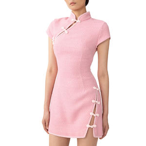 Su misura di alta qualità una linea Mock collo manica corta Modulare con bottone ad arco <span class=keywords><strong>Tweed</strong></span> donna Mini abito - Product Image 2