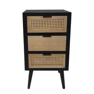 Full-build Bedroom Furniture Bedside Table With 3 Drawers Recycled Pine Rattan Nightstand For Small Space Living Room