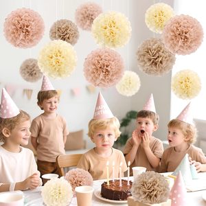 Fleurs en papier de soie pompons bohèmes, décorations neutres marron champagne pour fête prénuptiale, baby shower, mariage, <span class=keywords><strong>anniversaire</strong></span> - Product Image 5