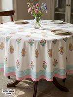 Housse de table ronde imprimée à la main 90 pouces – Motif floral pastel – Tissu 100 % coton – Motif floral de lotus imprimé à la main