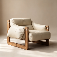 Fauteuil d'appoint en bois massif de style mid-century, avec coussin en cuir, design ergonomique, coussin amovible, finition antique pour salon