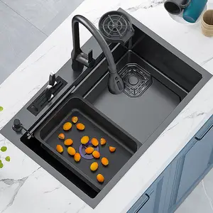 Fabricant commercial pas cher moderne noir noir Sus 304 en acier inoxydable bol unique éviers de cuisine faits à la main avec porte-couteau