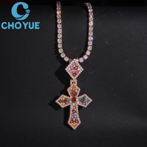 Iced Out Colorful Moissanite Cross <b>Pendant</b> <b>Solid</b> 925 Silver Rose <b>Gold</b> Plated Hip Hop Jewelry Unisex Everyday Wear - Product Image 3
