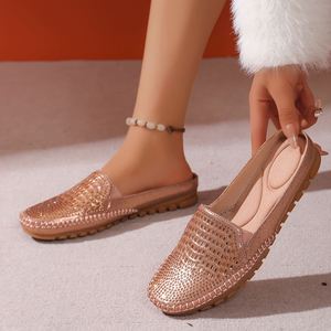 2026 White &Rose Gold Rhinestone Mule Ladies Slippers,Comfortable Flat Open Back Loafers, Slip-on Casual <b>Shoes</b> - Product Image 6