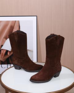 מגפי קאובוי חומים לנשים, סגירת רוכסן, גזרה גבוהה, לוגו מותאם אישית, עור אמיתי, נגד החלקה, נוחות, עקב עבה 5 ס\"מ, סתיו - Product Image 3