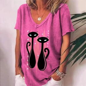 Dessin animé chat t-shirts pour femmes haut tendance t-shirt 3d t-shirt Harajuku décontracté à manches courtes col en v surdimensionné vêtements féminins - Product Image 1