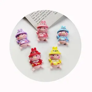 新款新奇100件可爱卡通粉色猪树脂平背凸圆形农场动物Nohole珠饰品配件DIY魅力