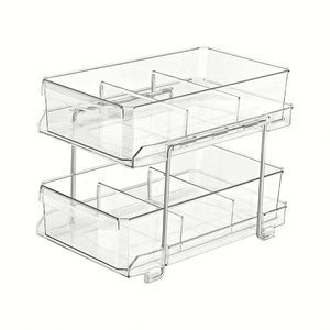 2-Tier Rectangle Clear Removable Dividers Slide-Out Eco-Friendly Plastic <b>Storage</b> Bins Bathroom Sink Organizer <b>Kitchen</b> Fridge - Product Image 1
