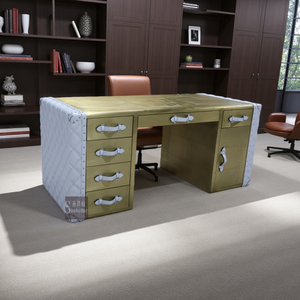 Su misura ufficio industriale aviatore <span class=keywords><strong>scrivania</strong></span> con cassetti Top grano <span class=keywords><strong>bianco</strong></span> in vera pelle con <span class=keywords><strong>metallo</strong></span> in ottone tavolo esecutivo per ufficio - Product Image 3