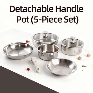 Juego de Utensilios de Cocina de Acero Inoxidable 304 de Grado Alimenticio con Mango Desmontable, Olla Profunda para Sopa y Sartén con Tapas para Camping, Hogar y Cocina - Product Image 5