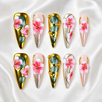 Ongles Stiletto Rose et Blanc 10 Pièces Faits Main Fleurs 3D Perles Dorées Effet Œil de Chat Paillettes Ongles à Presser Prix de Gros