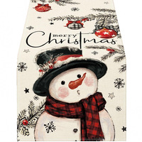 ChamXue Chemin de table de Noël Nouveauté Tapis de table Bonhomme de neige Motif écossais Buffalo et floral en perles Matière lin Lavable