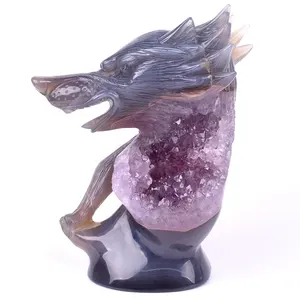 Statue d'agate en géode de haute qualité, loup sculpté à la main en cristal