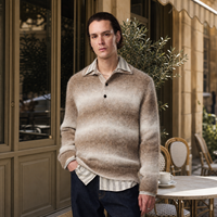 Pull en maille polo brossé à rayures dégradées pour homme, marron et blanc, col rabattu, style décontracté chic, OEM ODM, tricot