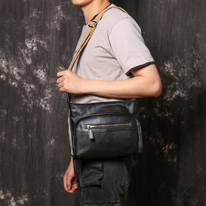 Custom Trendy Unique Mens <b>Leather</b> Chest <b>Bag</b> Women <b>Soft</b> Cowhide Close Fit Sling Pack Streetwear Crossbody Shoulder Pouch Black - Product Image 2