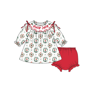 Conjuntos de Boutique Navideños Personalizados para Bebés y Niñas Pequeñas, Vestido de Dos Piezas con Bordado de Holly Jolly, Ropa Festiva - Product Image 3