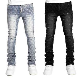 بنطلون جينز رجالي ضيق باللون الأزرق مطاطي ومزين باللؤلؤ من RNSHANGER، بنطلون دينم مكدس بتصميم عصري مزين بأحجار الراين مناسب لأزياء الشارع ويعبر عن الشخصية للرجال - Product Image 2