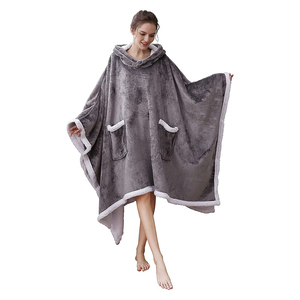 Fluffy Flannel Sherpa Fleece Winter Sweatshirt Wearable Hooded Cape Pullover Poncho <strong>Blanket</strong> With Sleeves - Product Image 1