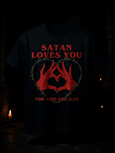 T-Shirt 'Satan Loves You' da Uomo, Stile Gotico Vintage, Girocollo, Manica Corta, Design con Cuore Rosso e Corona di Spine, in Jersey di Cotone, Vestibilità Regolare - Product Image 2