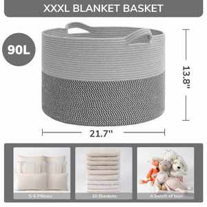 90L <b>Large</b> Woven <b>Storage</b> <b>Baskets</b> for Laundry Pillows Toys Decorative Cotton Rope <b>Basket</b> with Handles for Bedroom Nursery - Product Image 3