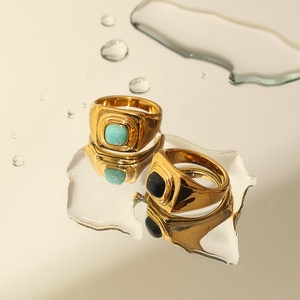 Thời trang retro phong cách Vuông hình học Chunky 18K mạ vàng thép không gỉ nhẫn phụ nữ Lapis đá vòng sang trọng đá quý Nhẫn - Product Image 3