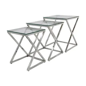 Tavoli di design in metallo di lusso Nordic soggiorno sala del caffè in vetro temperato Trasparente con argento in acciaio inox tubi di Nidificazione tavolino