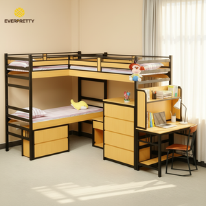 <span class=keywords><strong>Lit</strong></span> superposé triple en métal <span class=keywords><strong>avec</strong></span> table <span class=keywords><strong>et</strong></span> chaise en bois, design ergonomique, pour dortoir scolaire, pour 3 étudiants - Product Image 1