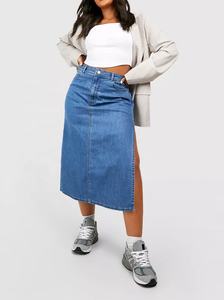 100% Cotton Women Sexy Hot Plus Size Jean <strong>Wrap</strong> <strong>Skirt</strong> Blue High Waisted Side Split Denim Midi <strong>Skirt</strong> - Product Image 2