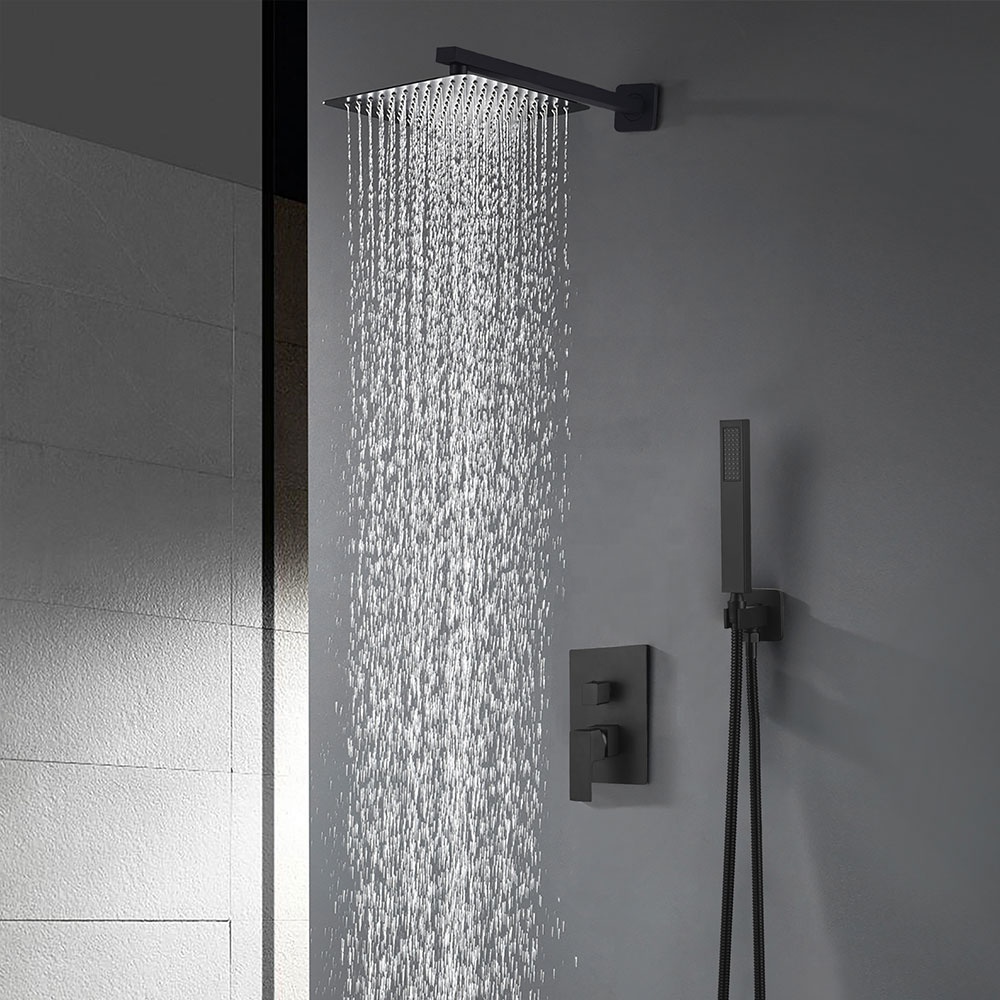 Matt black handheld shower head rainfall wall mounted shower system set with cold and hot water