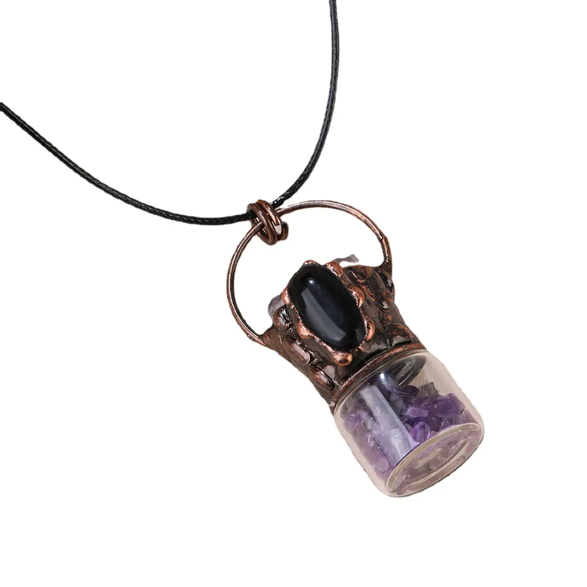 Liontin kalung kristal penyembuhan alami, perhiasan Amethyst antik botol wangi untuk wanita