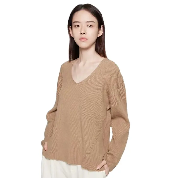 New Arrival Fashion V-neck Brown Solid Color Loose Long Sleeve Winter Warm Cashmere Sweater for Women Ladies