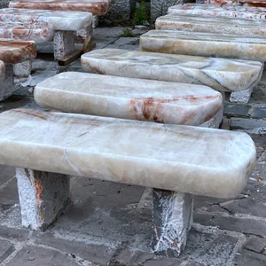 Juego de mesa y bancos tallados de mármol ónix para jardín al aire libre, proveedores de piedra