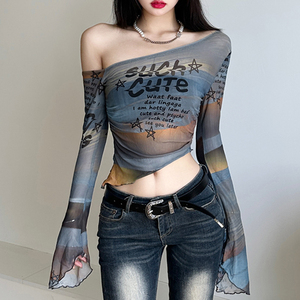 Haut en maille à imprimé lettres, à une épaule, pour femmes, ourlet irrégulier, manches longues, crop top, streetwear sexy, coupe ajustée, haut transparent - Product Image 2